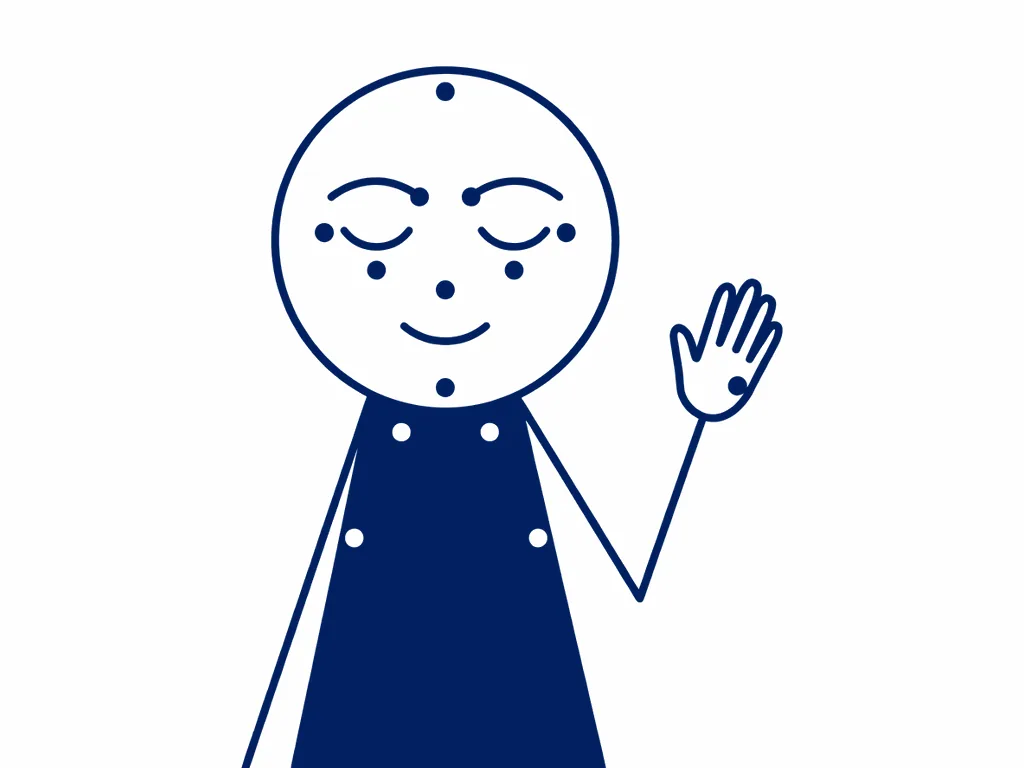 Een vrouw van voren, met haar ogen dicht en één hand opgestoken. Kleine stippen laten de kloppunten van EFT zien: boven op het hoofd, het begin van de wenkbrauwen, naast de ogen, onder de ogen, onder de neus, op de kin, onder de sleutelbeenderen, onder de armen en op de zijkant van de hand.