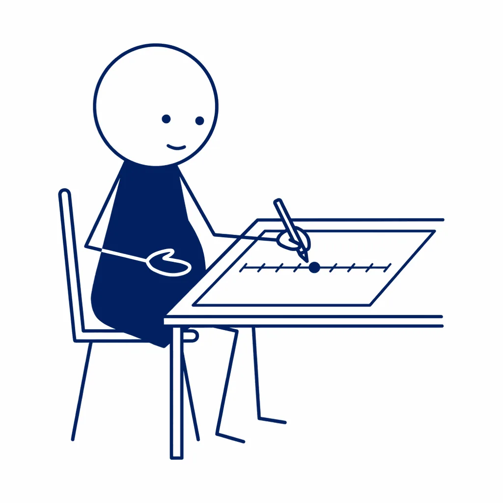 Een vrouw zit aan tafel en zet met een pen een stip op een liggende lijn met streepjes. Haar andere hand ligt op haar buik. Eerst voelen, dan opschrijven.