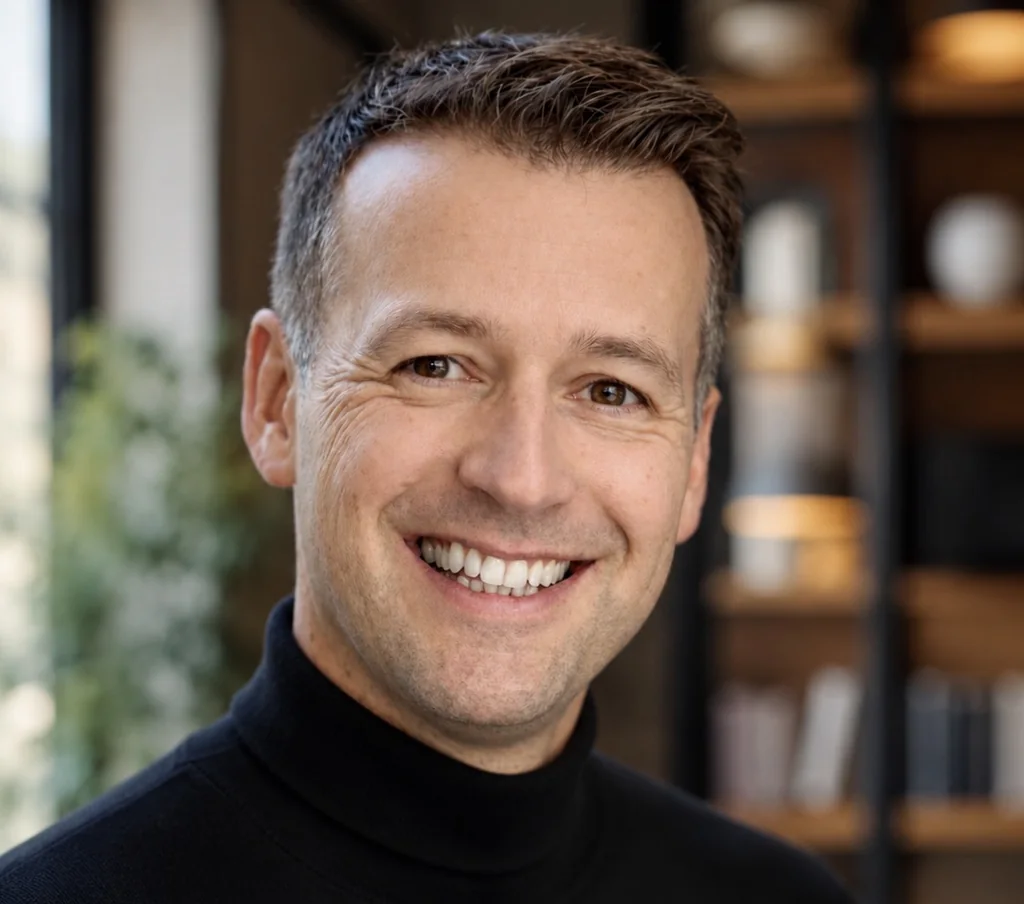 Pieter Dekker, tandarts en EFT Professional. Hij lacht recht in de camera en draagt een zwarte coltrui. Achter hem staat een kast met boeken.