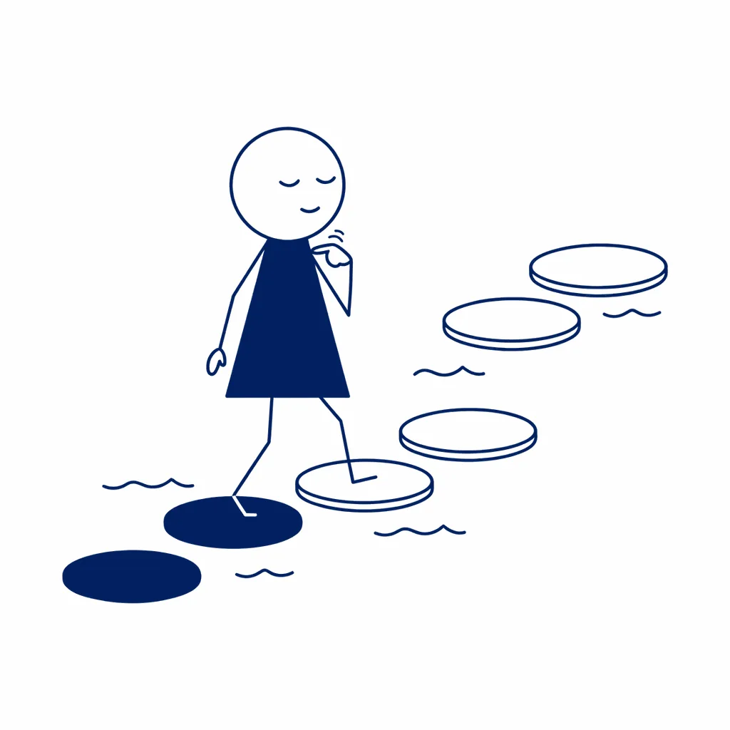 Een vrouw loopt over zes stapstenen door ondiep water. De twee stenen achter haar zijn ingekleurd, de vier stenen voor haar zijn nog leeg. Terwijl ze loopt, klopt ze met haar vingertoppen onder haar sleutelbeen.