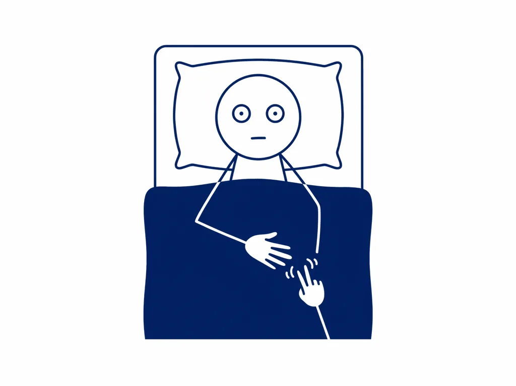 Een man ligt wakker op zijn rug in bed, het dekbed tot aan zijn borst en zijn ogen wijd open. Op de zijkant van zijn hand, die op het dekbed ligt, klopt hij met twee vingers.